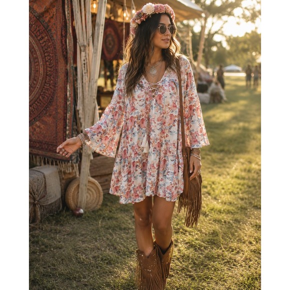Haute Hippie Dresses & Skirts - Haute Hippie Tribe Womens 1X Floral Lace-Up Boho Tunic Dress High Low Peach Blue